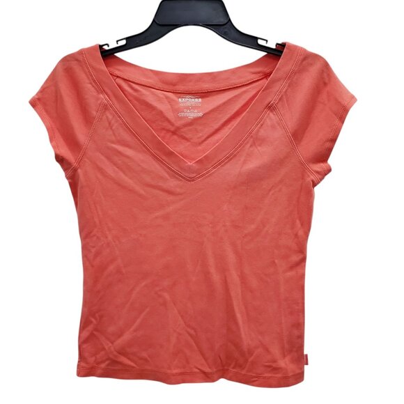 Express‎ Women's Y2K Neon Melon Orange Basic Cap Sleeve V-Neck Babydoll Tee Sz L - Picture 1 of 6